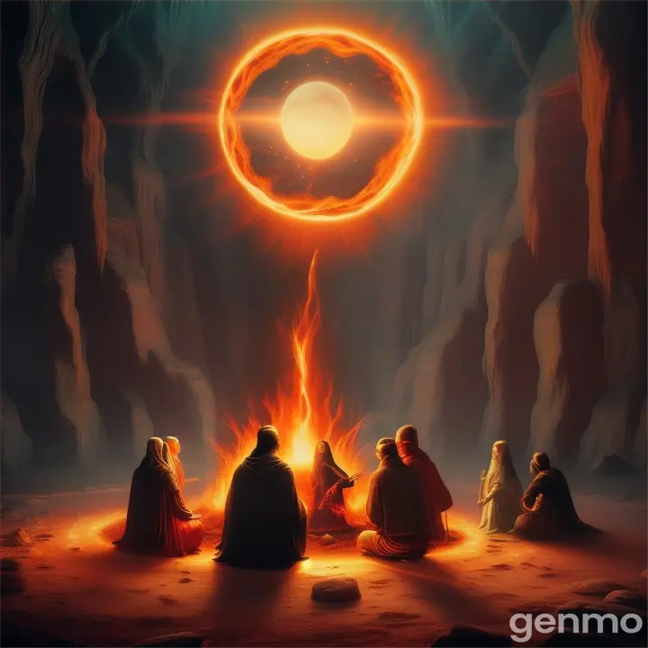 Early humans circled around a fire with a mystical glowing orb at the center