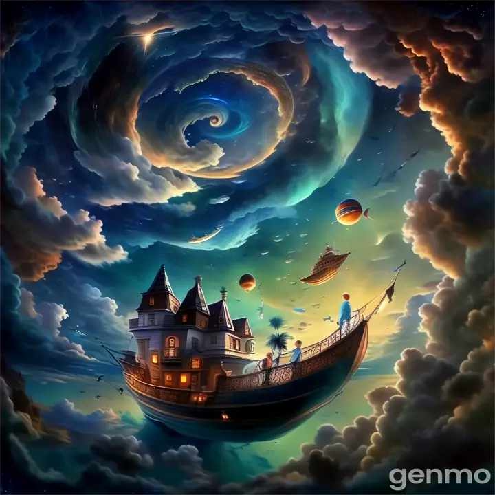 a painting of a man standing on a boat in the sky make the boat move  