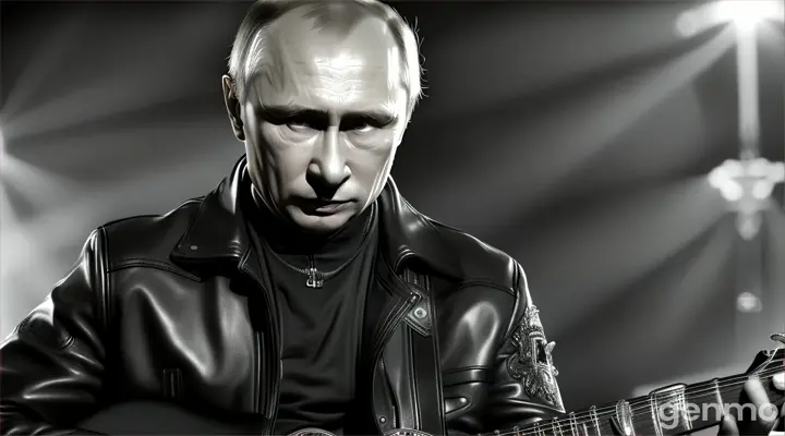 Vladimir Putin in a leather jacket playing a guitar