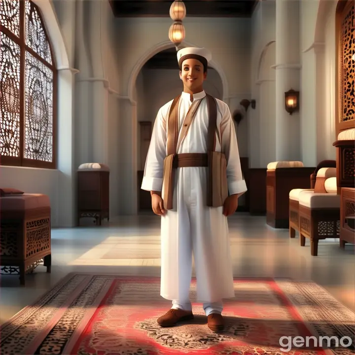 a man in a white outfit standing in a hallway