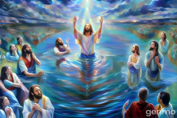 a painting of jesus in the water surrounded by people