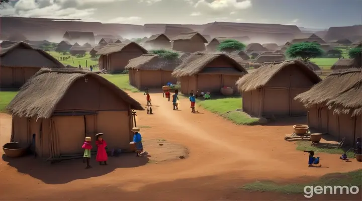 A vibrant African village scene with traditional huts, children playing, and villagers going about their daily chores. 4k image quality,less movement . Realistic