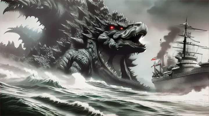 Fibonacci: Godzilla emerges from the foggy sea, surrounded by ghost ships and eerie sounds from the depths. Ed Roth & TOON NPR MANGA Style, Cell-Shading Babbage