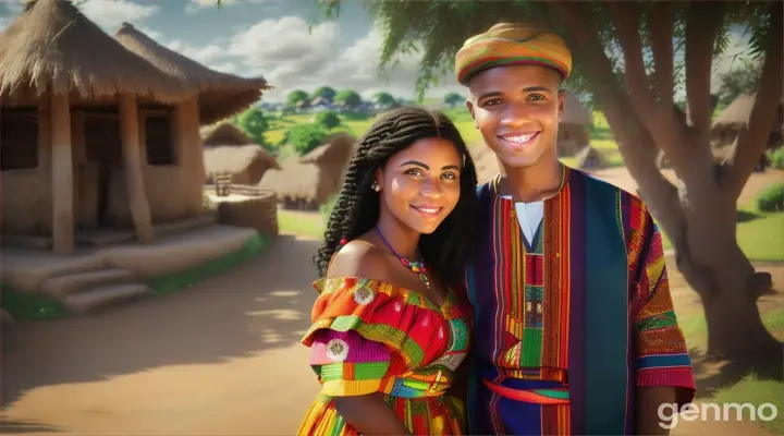 Create an image of Marina and Lucas smiling together in a vibrant African village, with traditional houses in the background. They are both wearing colorful traditional attire and the surrounding landscape is green and lush. The scene is lit by a radiant sun