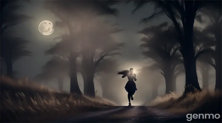 African lady Chioma sprinting through a moonlit forest, silhouetted against the glow of a full moon looming large