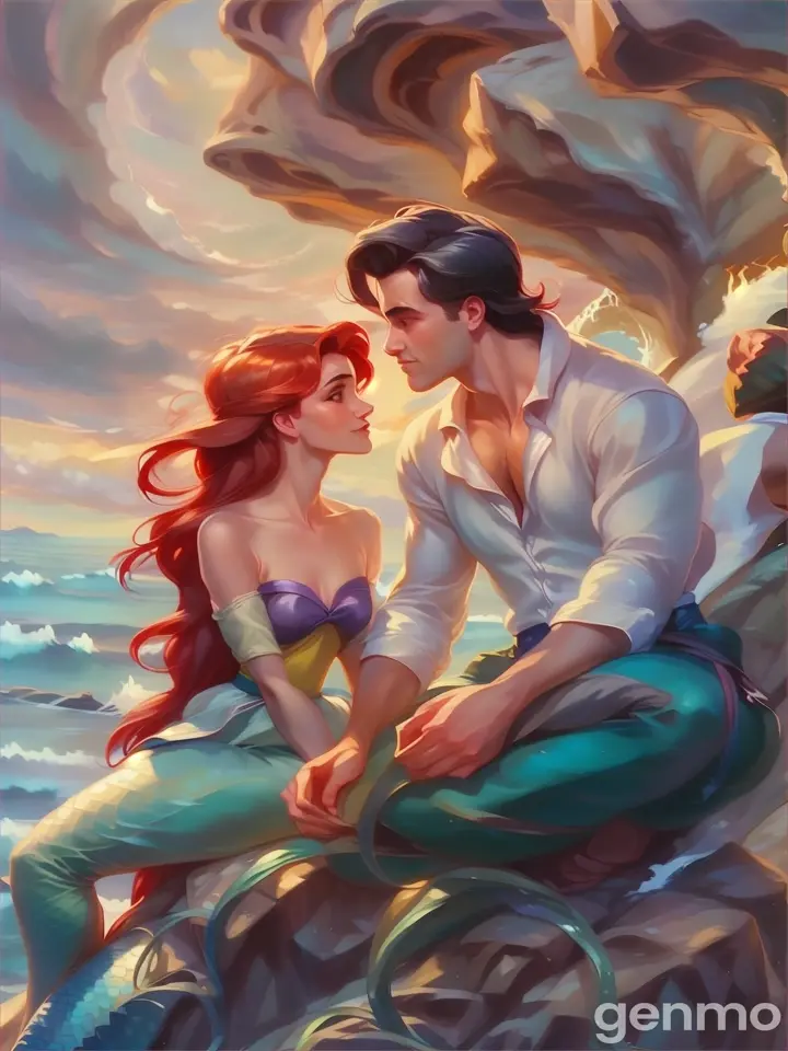 a painting of a man and a woman sitting on a rock