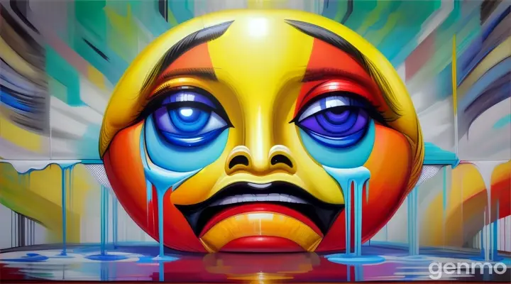 a painting of a yellow face with blue eyes