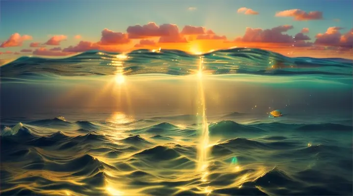 Fibonacci: Underwater slow motion shot of the sea surface with crystal clear waving waterline at sunset with rays of light. Ed Roth & TOON NPR MANGA Style, Cell-Shading Babbage