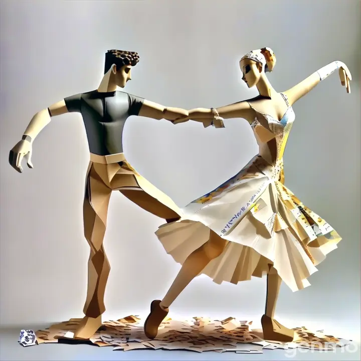 A couple made of newspaper dancing tango beneath a giant paper moon.