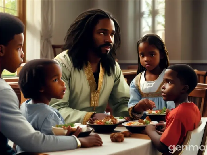 black jesus talking to white kids at the table with food