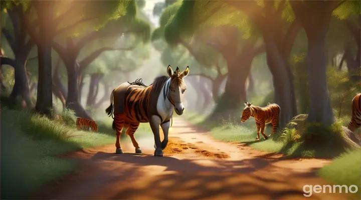 A donkey  walking with a tiger in the forest Pixar-style 3D animation