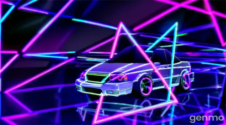 a car is shown with neon lights in the background