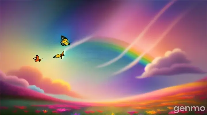 a sky full of butterflies, clouds, and rainbows