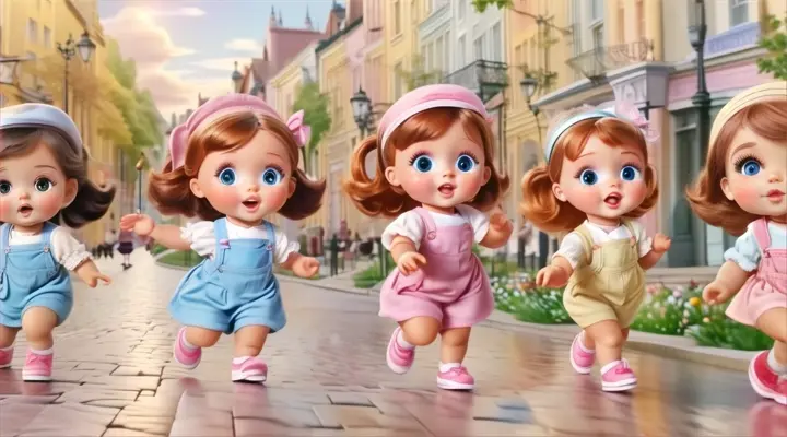 a group of little girls walking down a street, baby dolls, beautiful, dolls are playing, dolls are smilling