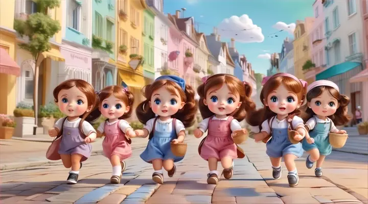 a group of little girls walking down a street, baby dolls, beautiful, dolls are playing, dolls are smilling