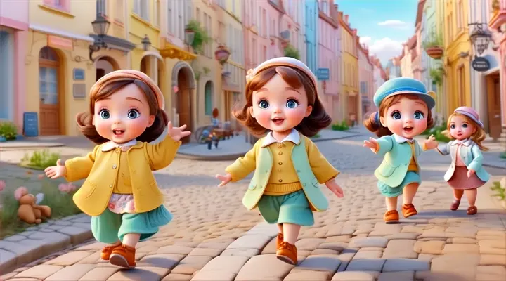 three little girls are walking down a cobblestone street, baby dolls, beautiful, dolls are playing, dolls are smilling