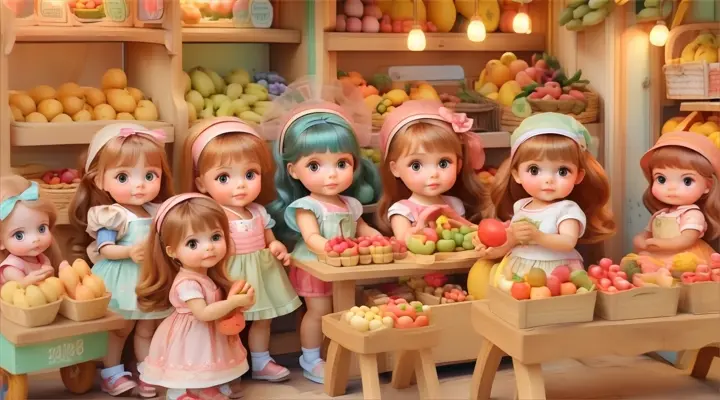 a group of little girls standing in front of a fruit stand, baby dolls, beautiful, dolls are playing, dolls are smilling