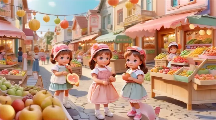 two little girls standing in front of a fruit stand, baby dolls, beautiful, dolls are playing, dolls are smilling
