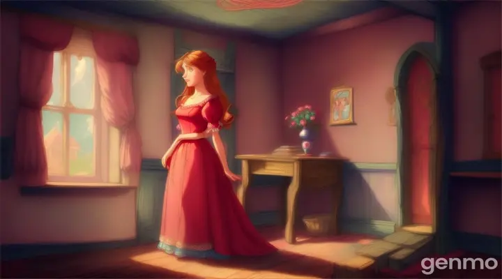 Cartoon very beautiful 20 years old girl wear beautiful red dress in poor house 