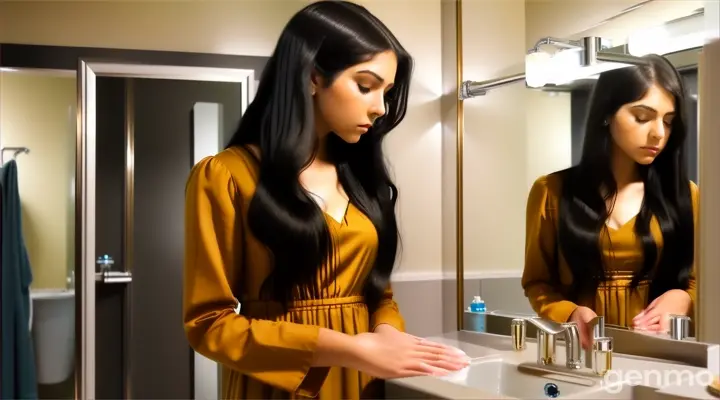 inside the ladies room, a young woman with long black hair in amber long sleeve long dress standing in front of bathroom mirror washing her hands in a bathroom sink with her reflection on the mirror