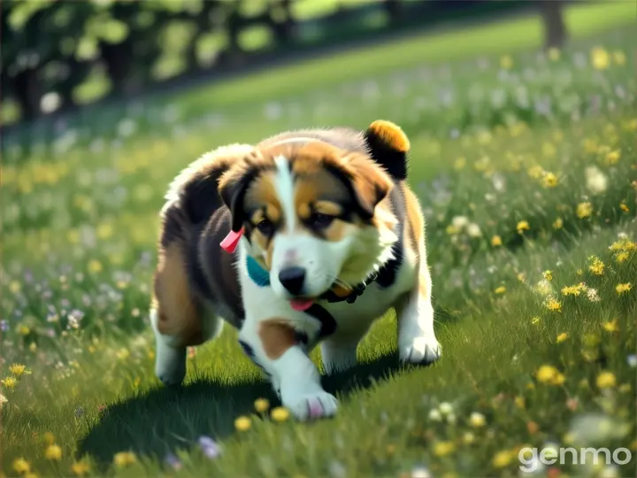 puppy running through a green meadow