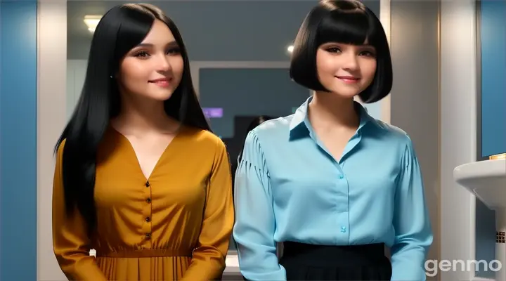 inside a dark room, a humble smiling young woman with long black hair in amber long sleeve long dress and a young woman with Black Bob Cut Hair in sky blue blouse shirt and black pants seating at the bathroom next to each other looking at the camera