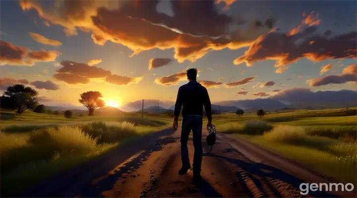 a man walking down a dirt road at sunset