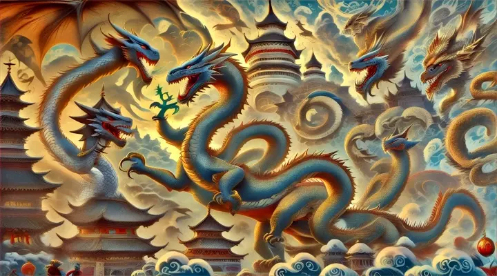 a painting of a woman surrounded by dragon statues
