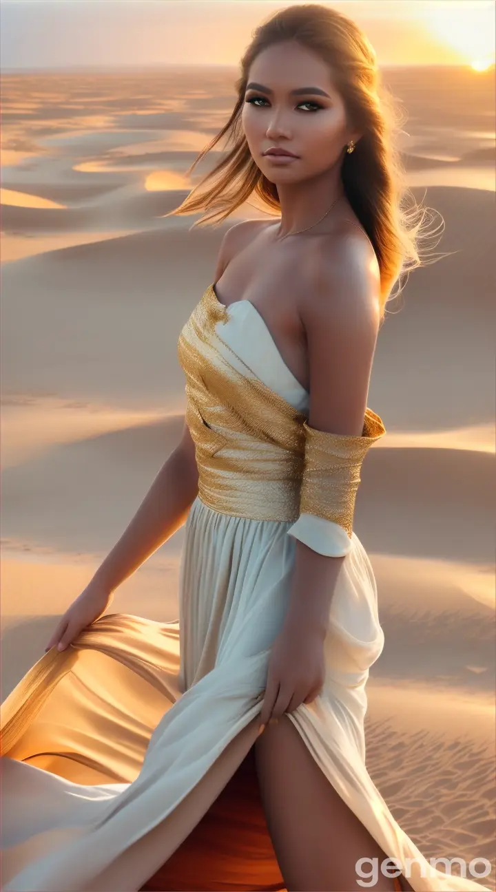 Jakarta model in a flowing dress against golden sand dunes and sunset