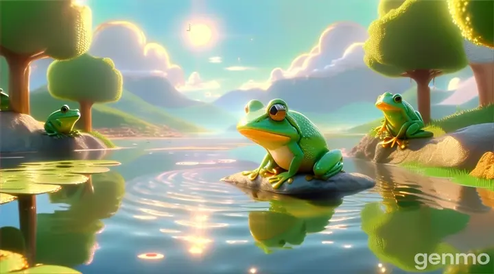 a frog sitting on a rock in a pond of water