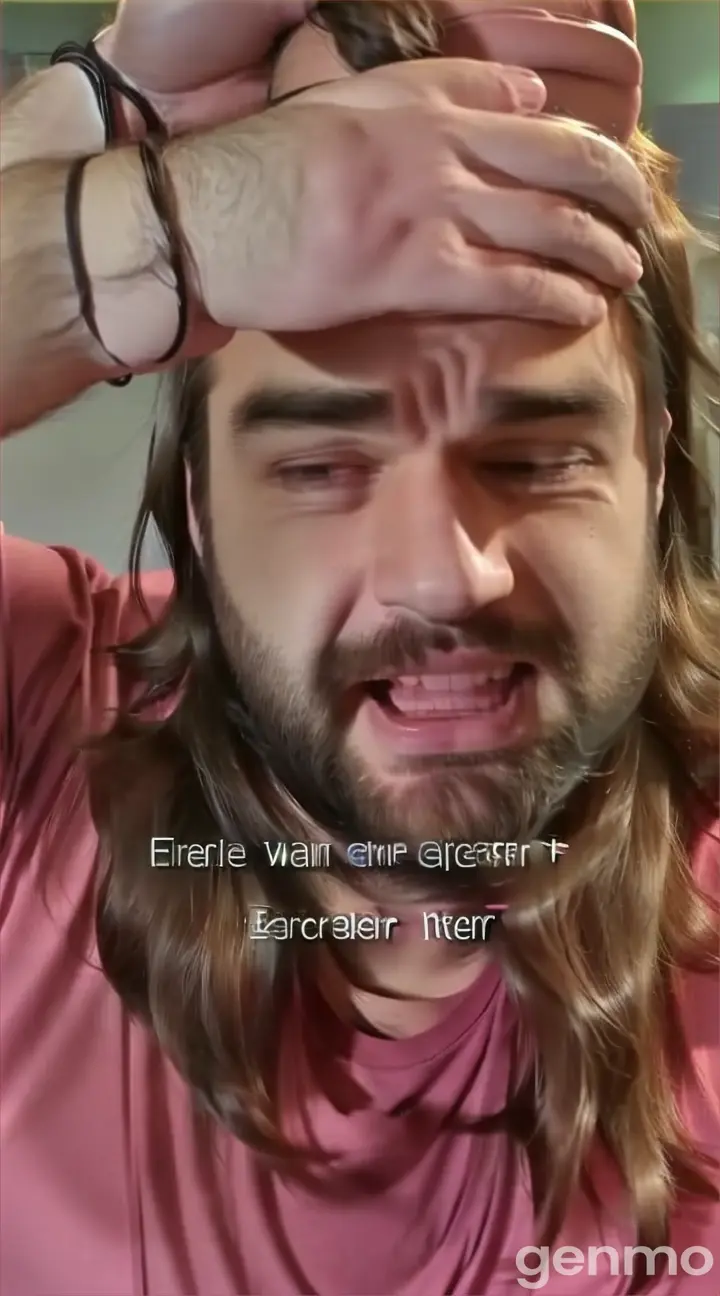 a man with long hair wearing a pink shirt