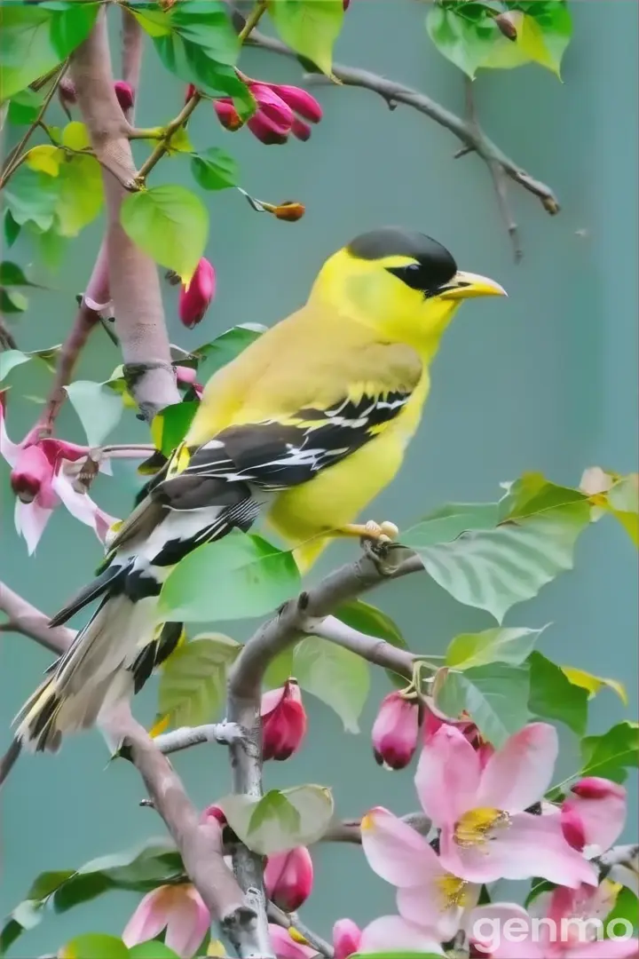 a yellow and black bird sitting on a branch of a tree