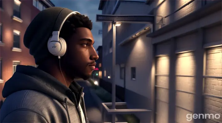 Create an illustration of Marcus, a young Black man with a street-wise appearance, camera looking into a window from outside seeing black African American manly male in his 20s, wearing hood streetwear, with headphones gazing out the window while in the window of his bedroom contemplating life, in a heavily shaded 3d realism art style