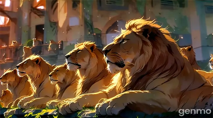 a large group of lions sitting on top of a lush green field and they are moving they are heads