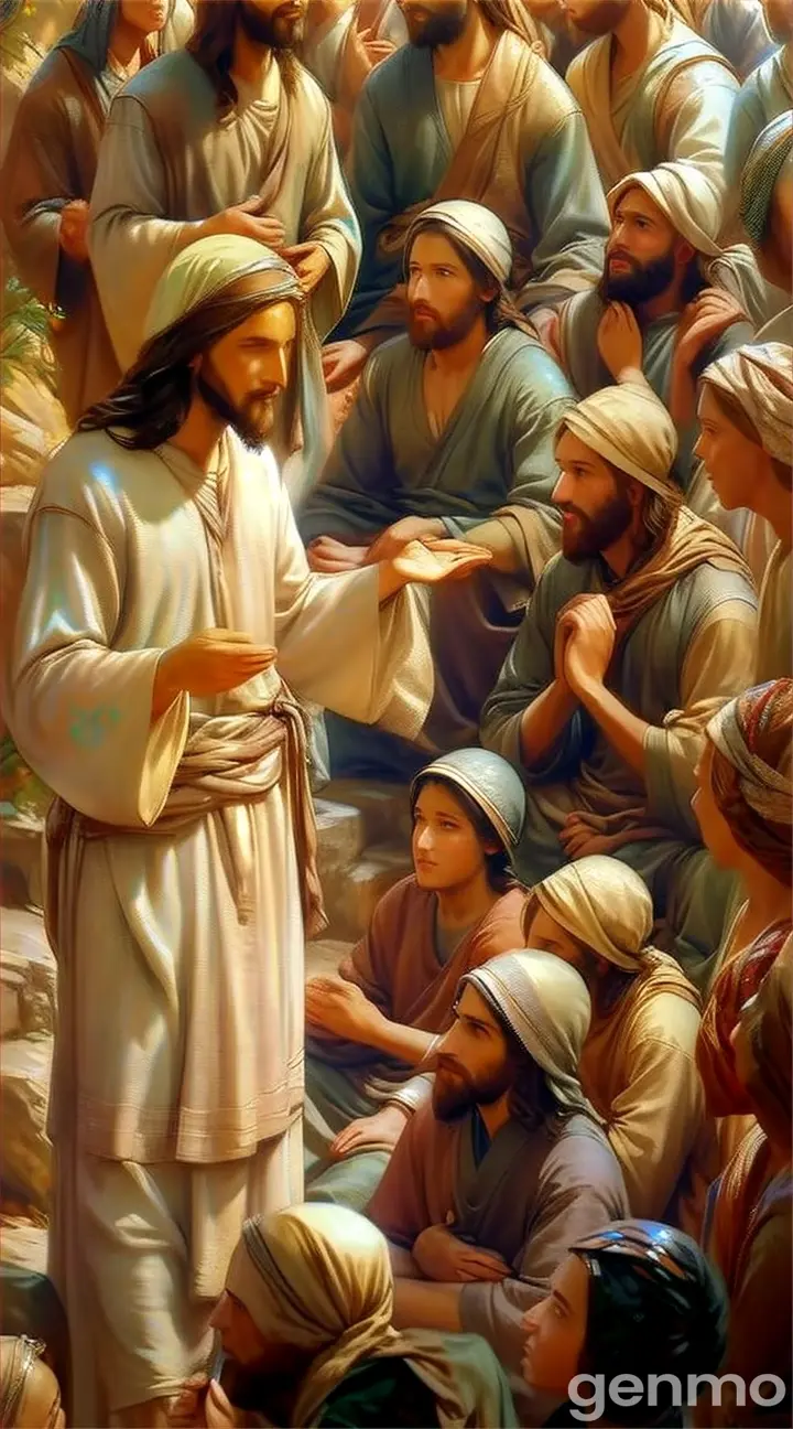 a painting of jesus talking to a group of people