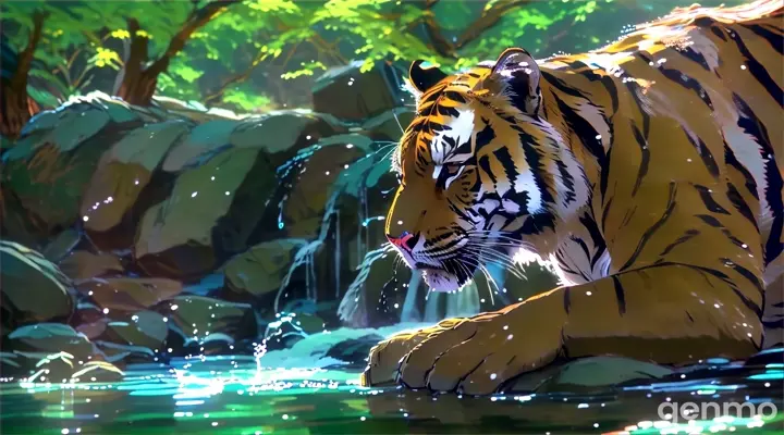 a tiger sitting in the water next to a waterfall