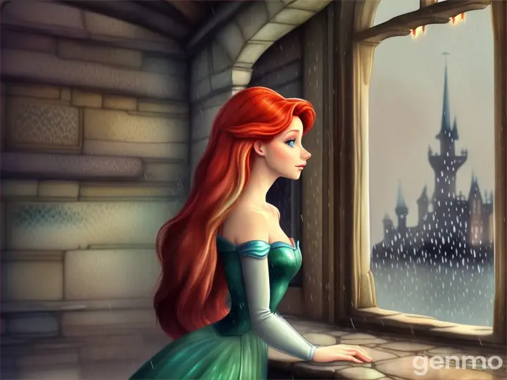 Animated ariel in window in a castle and out side rain