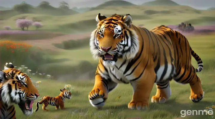 Create a picture of a beautiful tiger roaring with his mouth open.... the grey  donkey is behind 
eating grass in  meadow area.  Create in Pixar style animation 