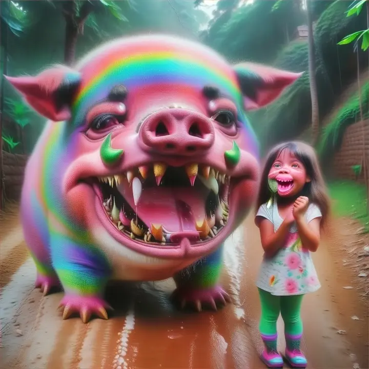 a little girl standing next to a fake large pig with opened mouth and sharp teeth