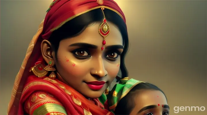 3d rendering vibrant color  Prabha a 42-year-old fair-skinned Brahmin woman  is dressed in traditional attire, a red sari, a green blouse and a scarf on her head. Her face reflects suspicion and anger, her eyes are deep.  is seen cradling a newborn baby boy in her arms