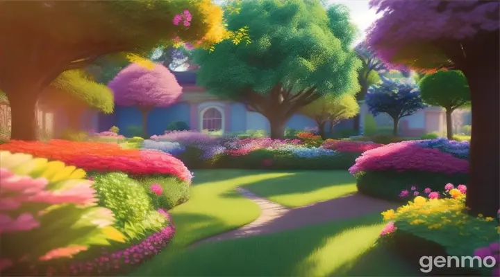 A beautiful garden full of colorful flowers.3D cartoon 