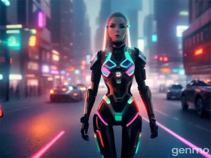 A hyper-realistic image of a futuristic bionic female walking on the futuristic street