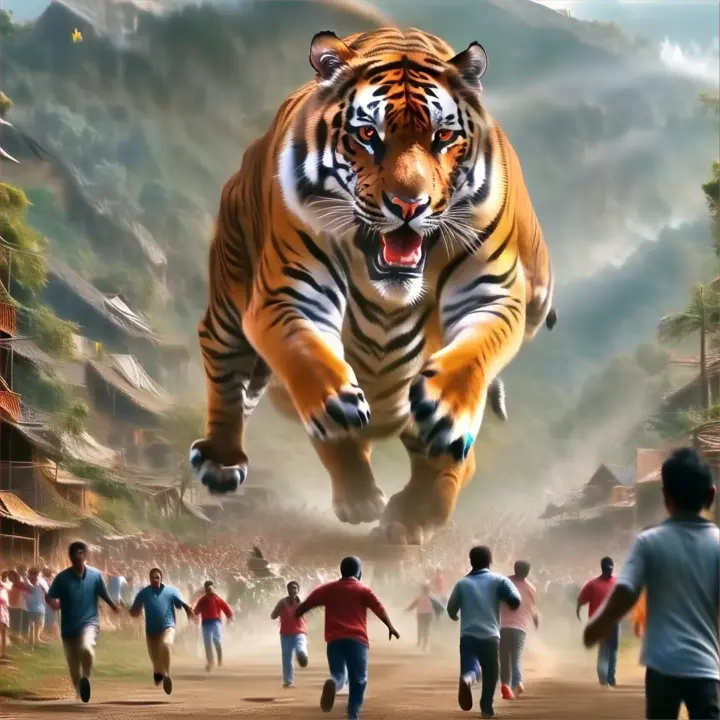  a tiger with red eyes running in front of a crowd of people