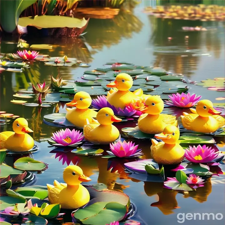 a group of rubber ducks floating on top of a pond filled with water lilies