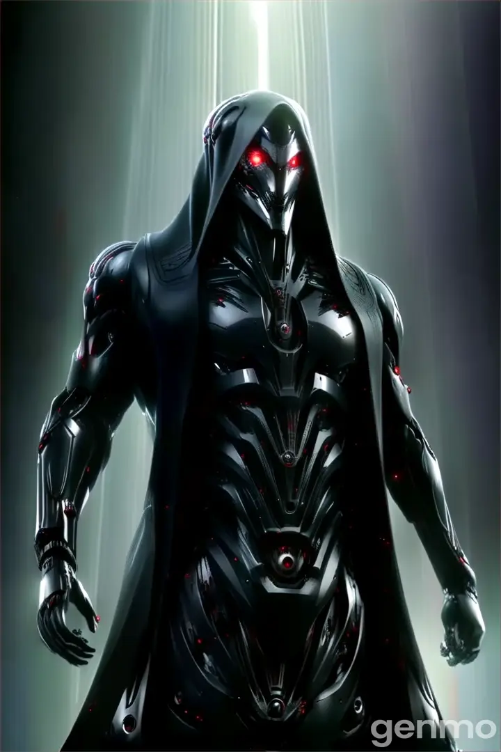 a robot in a black cloak with red eyes