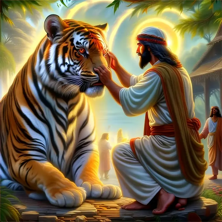 a painting of jesus sitting next to a tiger with red eyes