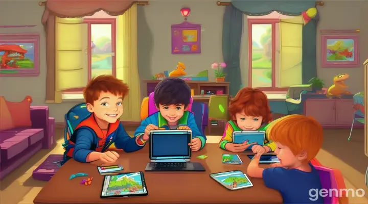 Digital Transformation
**Prompt**: 
"A scene of children at home, each using a different digital device—a laptop, a tablet, and a smartphone. All screens show different 'Dinosaur Adventure' online games and activities, creating a vibrant, tech-savvy atmosphere of learning and fun."