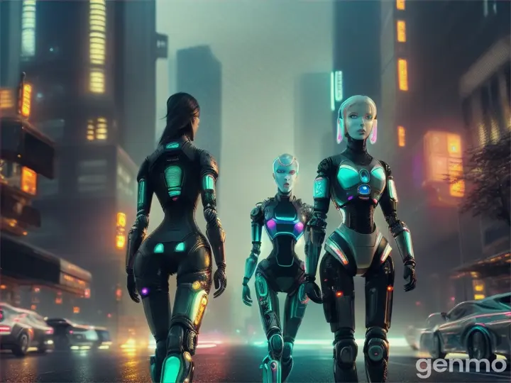 A hyper-realistic image of a futuristic bionic females are walking front to camera on the futuristic street