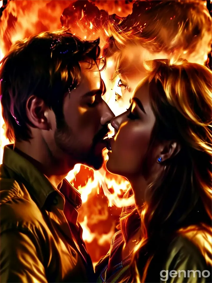 a man and a woman kissing in front of a fire