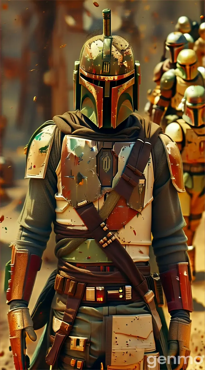 a man in a boba fett costume standing in the dirt